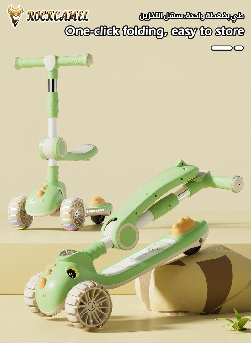 ROCKCAMEL 2 in 1 Kids Kick Scooter, Foldable Scooter with Music, LED Lighted Wheels and 4-Level Adjustable Height Handlebars, Widen Anti-Slip Deck, Sensitive Brakes, Kids Toys for Boys & Girls Ages 1-12, Green - Image 3